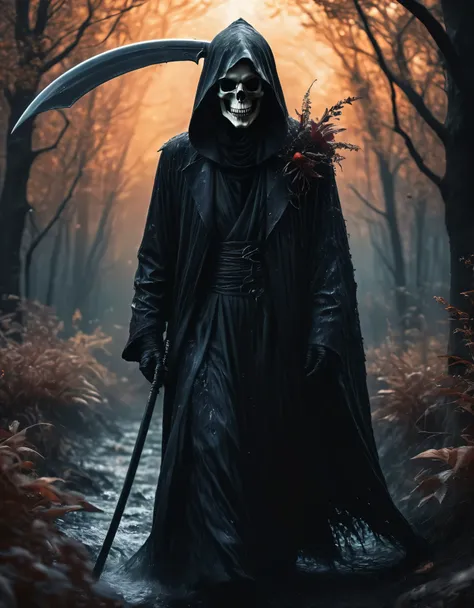 ((Masterpiece in maximum 16K resolution):1.6),((soft_color_photograpy:)1.5), ((Ultra-Detailed):1.4),((Movie-like still images and dynamic angles):1.3) | ((double contact):1.3), ((Scary Black Grim Reaper silhoutte effect):1.2), ((Superimposed on Pretty Fema...