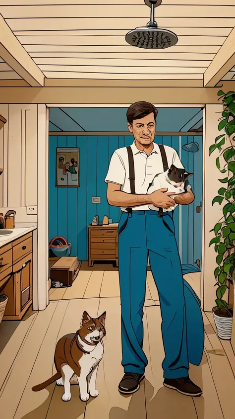 Cartoon illustration of a house, the dad in the living room, the mom in the kitchen, the son in the shower, the daugther in the garden, the cat in the garage, the dog in the hall