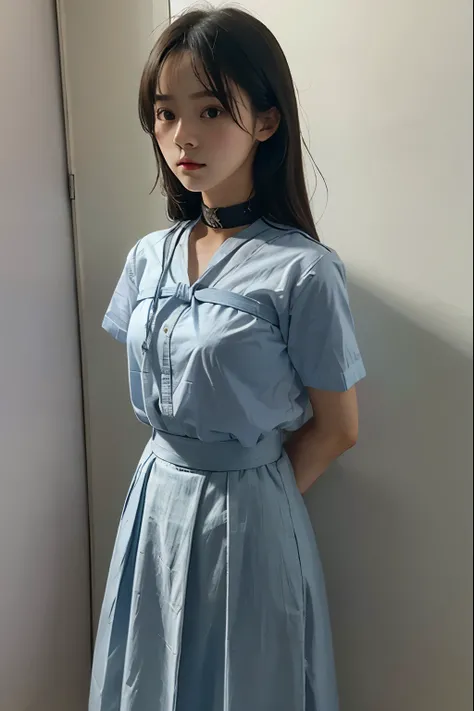 A cute girl is confined and tied up、Beauty、Make your eyes even、My hands are tied with ropes、Inside the room、Light blue semi-long skirt、White short-sleeved shirt、Standing in front of a wall、Age 25、Medium build、Like real life、highest quality、