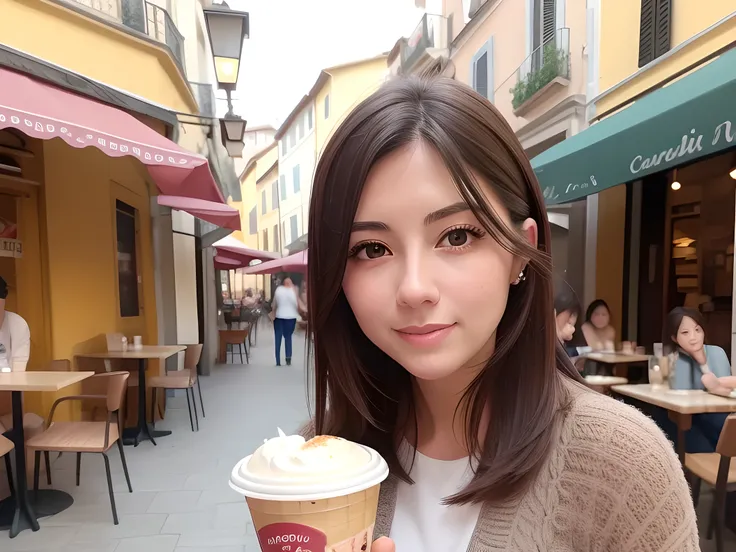 Best Quality, masutepiece, beautiful mature women、Beautiful face、Strong-minded woman、brown haired、Brown-eyed、Medium Hair、cafes、Full body like、Undersized eyes、Eat gelato、Piazza Italia