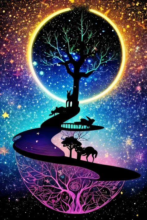 ((silhouette art)), blacklight, dark blue and purple, bioluminescent Japanese fantasy tree of life with foxes in the style of fairy-tale world, cosmic galaxy background, white gold leaf metallic ink, highly detailed foliage, A tree of life with branches sh...