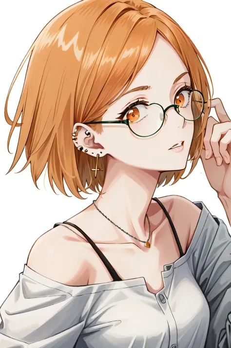 kugisaki nobara, jewelry, hair behind ear, simple background, round eyewear, glasses, white background, off shoulder, ear piercing, solo, orange eyes, collarbone, white shirt, orange hair, piercing, earrings, shirt, parted lips, 1girl, short hair