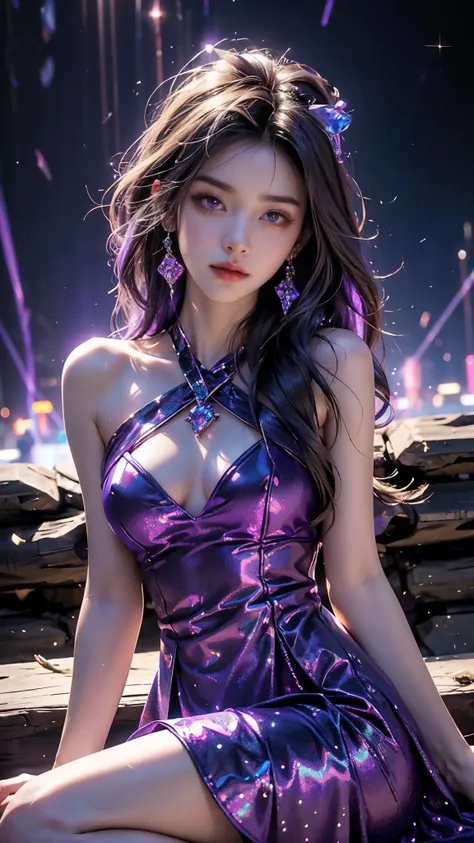 4K, UHD, masterpiece, Best quality, 1 girl, detailed face, detailed eyes, realistic Eyelid, Kda, Alone, very Long hair, small breasts, ((purple sparkle dress)), ankle-length skirt, looking at viewert, Multicolored glowing crystals, heart sparkle, neon spar...