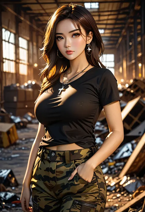 (masterpiece，best quality:1.2)，Practical，Photography，Hollywood special effects style，(cartoon:1.2)，solo，A woman，Detailed face，Extremely fine hair texture，Black T-shirt and camouflage pants，(Cross necklace:0.9)，Above the waist，big breast，Inside an abandoned...