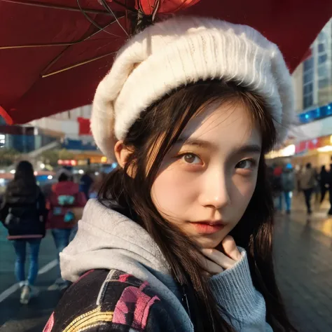 Identical twin sisters wearing black Apollo caps。The Bund in Shanghai is in the background。Shallow depth of field、Background is blurred。gathered in the middle。The girl on the left is、He is wearing a black hat and a black down jacket over a red hoodie.。, An...