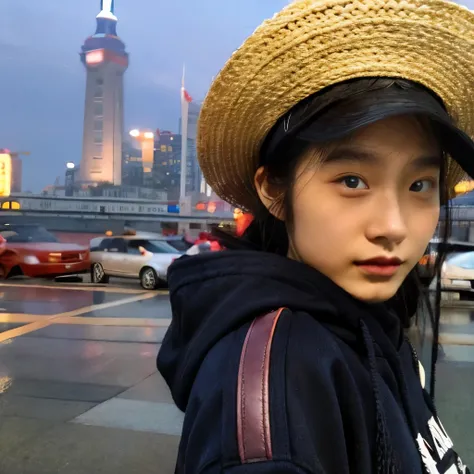 Identical twin sisters wearing hats。The Bund in Shanghai is in the background。gathered in the middle。The girl on the left is、He is wearing a black hat and a black down jacket over a red hoodie.。, And with your left hand you are holding the piece close to y...