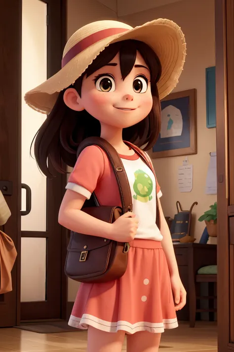 Obra de arte, melhor qualidade, high resolution, extremamente detalhado, fundo detalhado, cinematic lighting, 1 garota, olhando para o espectador, Parque, vestido branco, sunhat, sorriso, wearing mochila randoseru, (mochila randoseru:1.0), standing