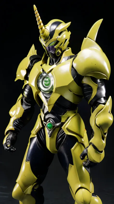 A man wearing a full-face helmet, a fantasy-style biotech armored combat suit, green eyes, (a composite layered chest armor), fully enclosed shoulder guards, matching arm and leg guards, the belt is adorned with Horseshoe-shaped marker, (the color scheme i...