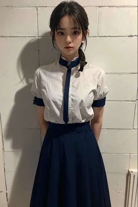 A cute girl is confined and tied up、Beauty、Make your eyes even、My hands are tied with ropes、Inside the room、White short-sleeved shirt、Navy semi-long skirt、Standing in front of a wall、Age 25、Medium build、Like real life、highest quality、