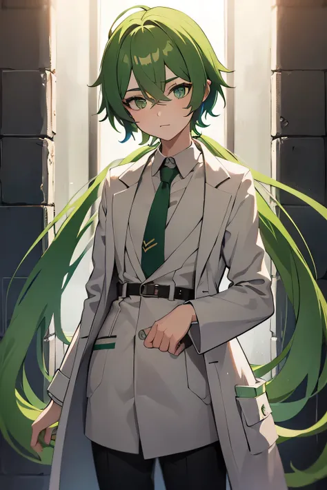 4k, 1boy, femboy, short, tiny, long green hair, green eyes, lab coat, underground laboratory