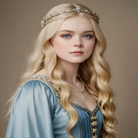 una mujer con cabello largo y rubio con un vestido azul y una tia, Elle Fanning), Elle Fanning, portrait of Elle Fanning, Anya Taylor - joy vampire queen, princesa medieval, Anya Taylor - joy, anya taylor-joy, princesa de pelo rubio, retrato anya taylor-jo...