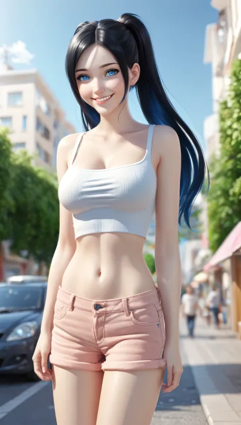 a beautiful smiling woman that is standing in the street, photo realistic, black twintail hair and blue eyes, hot with shining sun, large breast, sandals, ((full body:1.5)), wide angle shot