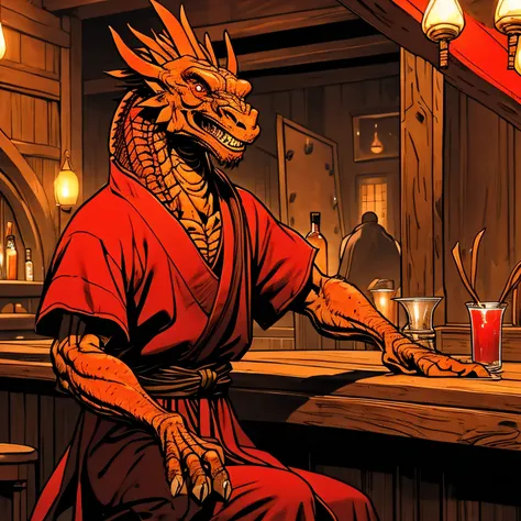 an old humanoid dragon, wearing oriental clothes, sitting at the bar counter in a medieval tavern, he is red, he is small and smiling, he is very thin, skiny