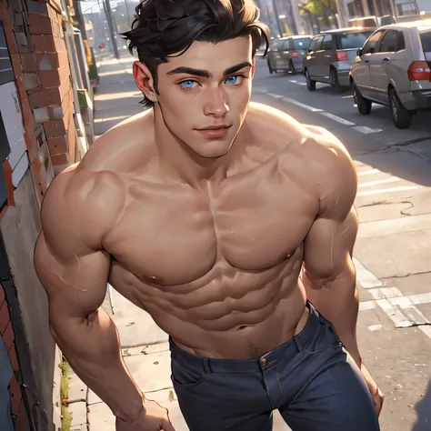 ((the best quality)), ((Masterpiece)), (details), perfect face, high definition, Masterpiece,4k,details clearly, Handsome face, white skin, perfect body, male body, strong muscles, abdomen, blue eyes, white skin, The most handsome man in the world, handsom...