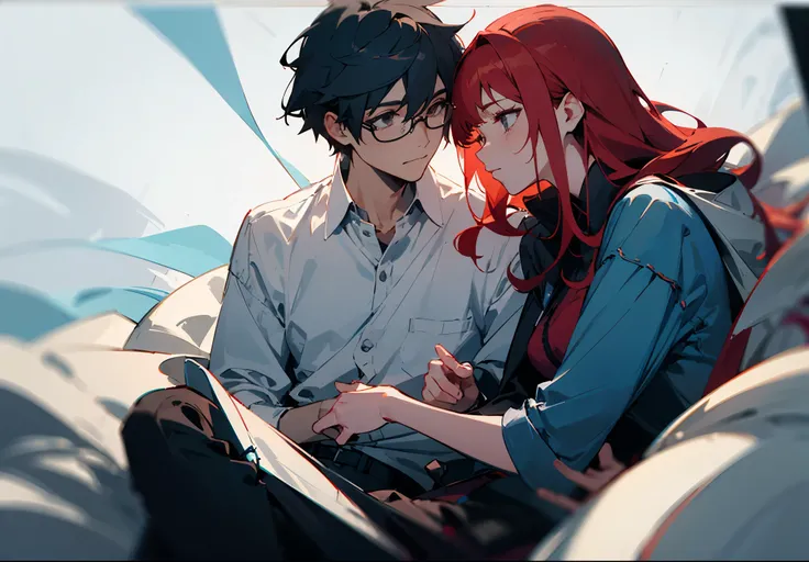 A man wearing glasses and a red-haired woman are chatting in a melancholic atmosphere。