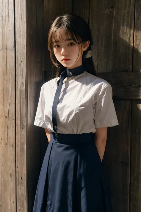 A cute girl is confined and tied up、Beauty、Make your eyes even、My hands are tied with ropes、Inside the mountain hut、White short-sleeved shirt、Navy semi-long skirt、Standing in front of a wall、Age 25、Medium build、Like real life、highest quality、