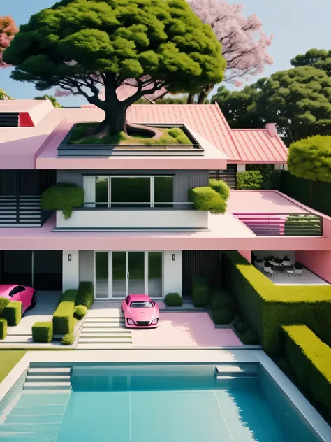 modern house, exterior, pink, pop art style, tree, flower, outdoors, blurry background, realistic, bush, lamp, supercar, swimmin...