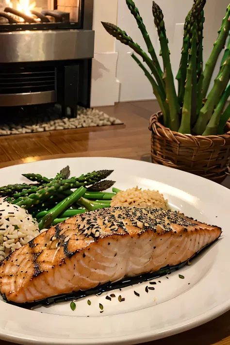 Grilled Salmon in a Crispy Sesame Crust Served with Wild Rice and Asparagus Risotto Grilled Salmon in a Crispy Sesame Crust Served with Wild Rice and Asparagus Risotto