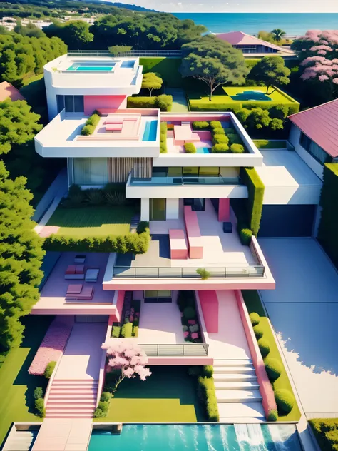 modern house, seen from a bird's eye view, exterior, pink, pop art style, tree, flower, outdoors, blurry background, realistic, ...