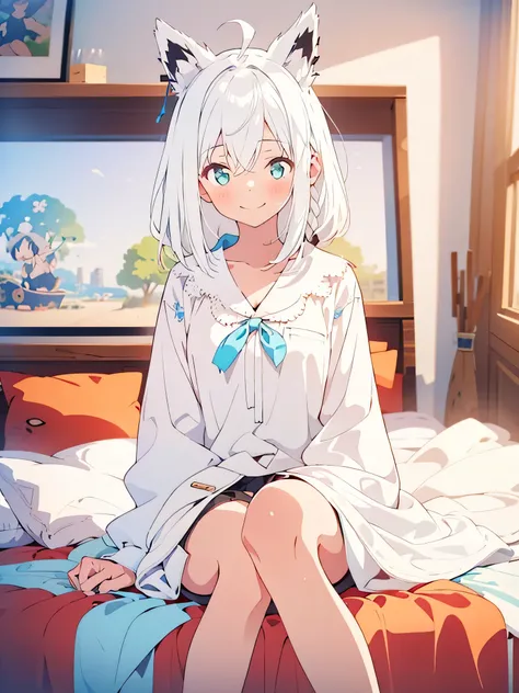 shirakami fubuki,masterpiece, best quality,(((color trace))),looking at viewer,((short stature)),1girl, solo, open eyes,smile,sitting on bed,((((white hair)))),blue panty,blush,blurry,between legs,facing viewer,small breasts,feet out of frame,depth of fiel...