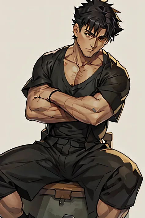 Kiritsugu Emiya is sitting and flexing his thighs. He is wearing a black tanktop and black boxershorts. He has rolled up his boxershorts so you can see his entire thighs.