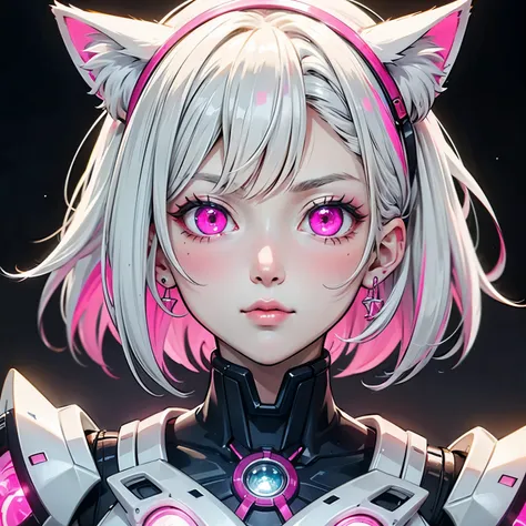 ((best quality)), ((masterpiece)), (detailed), perfect face. white hair. short hair. pink inner hair. anime girl. pink eyes. glo...