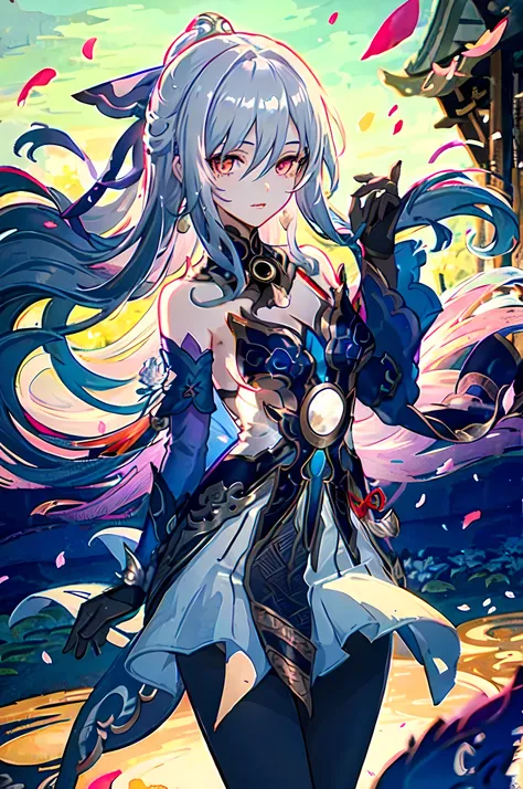 1girl, jingliu (honkai: star rail), black gloves, blue dress, detached sleeves, hair ribbon, white skirt, pelvic curtain, halterneck, looking at viewer, parted lips, adjusting hair, petals, floating hair, cowboy shot, depth of field, garden, east asian arc...