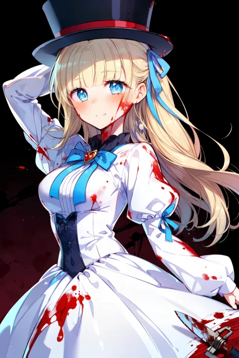 (1girl, solo), blonde hair, side ponytail, (blue eyes:1.5), long hair, (small breast:1.2), (hair ribbon, juliet sleeves, long sl...