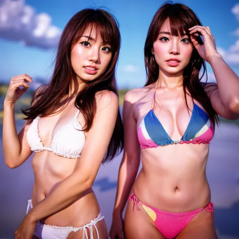 Identical twin sisters、Instagram model from another dimension, With two people, Imaginative, Metaphysical, Whimsical, Anaglyph Style, 1 Japan, Cute face, 18-year-old,