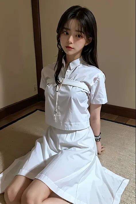 A cute girl is confined and tied up、Beauty、Make your eyes even、My hands are tied with ropes、Inside the hotel room、White short-sleeved shirt、Navy semi-long skirt、Lying on the floor、Age 25、Medium build、Like real life、highest quality、