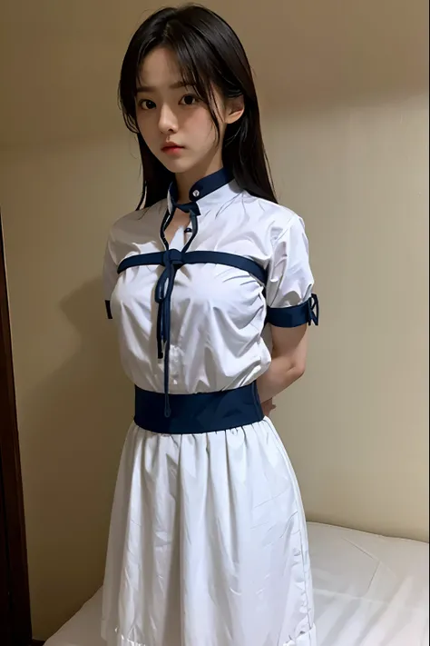 A cute girl is confined and tied up、Beauty、Make your eyes even、My hands are tied with ropes、Inside the hotel room、White short-sleeved shirt、Navy semi-long skirt、Lying in bed、Age 25、Medium build、Like real life、highest quality、