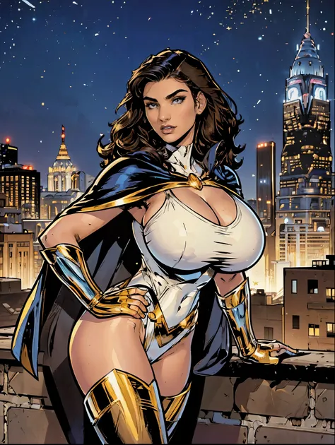 Gorgeous and sultry busty athletic (thin) brunette with sharp facial features and a (large nose) and (huge boobs) wearing a white and gold superhero leotard, cape, gloves, thigh-high boots. City skyline, rooftops.