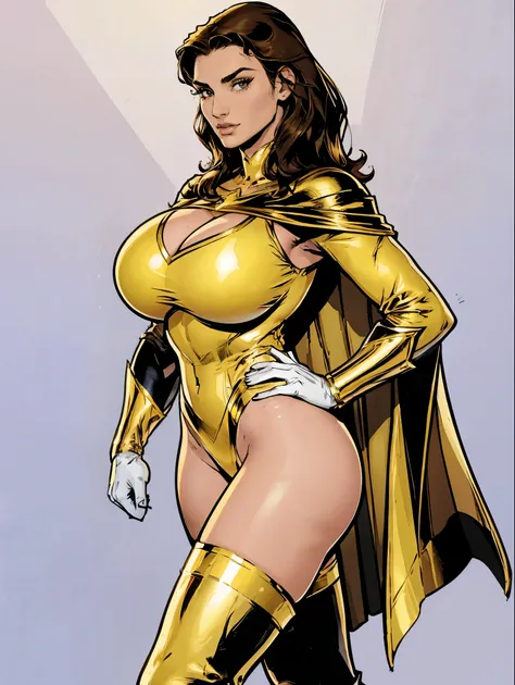 Gorgeous and sultry busty athletic (thin) brunette with sharp facial features and a (large nose) and (huge boobs) wearing a long-sleeve white and gold superhero leotard, cape, gloves, thigh-high boots