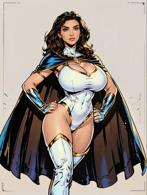 Gorgeous and sultry busty athletic (thin) brunette with sharp facial features and a (large nose) and (huge boobs) wearing a white and gold superhero leotard, cape, gloves, thigh-high boots