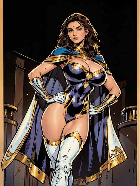 Gorgeous and sultry busty athletic (thin) brunette with sharp facial features and a (large nose) and (huge boobs) wearing a white and gold superhero leotard, cape, gloves, thigh-high boots