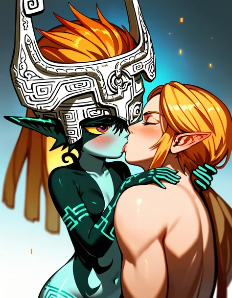 Duo, 1boy, 1girl, Score_9,score_8_up,score_7_up, source_anime, ((midna twilight princess, tall, curvy, naked)), she is kissing ((link from legend of Zelda))