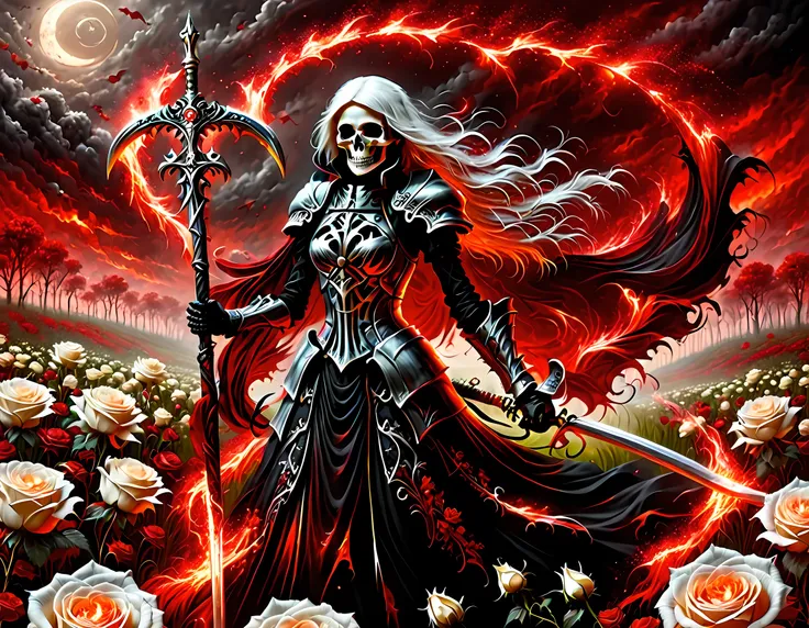 dark fantasy art, a female skeletal grim reaper in a field of white roses, the reaper has (skeletal head: 1.3) , long (white: 1....