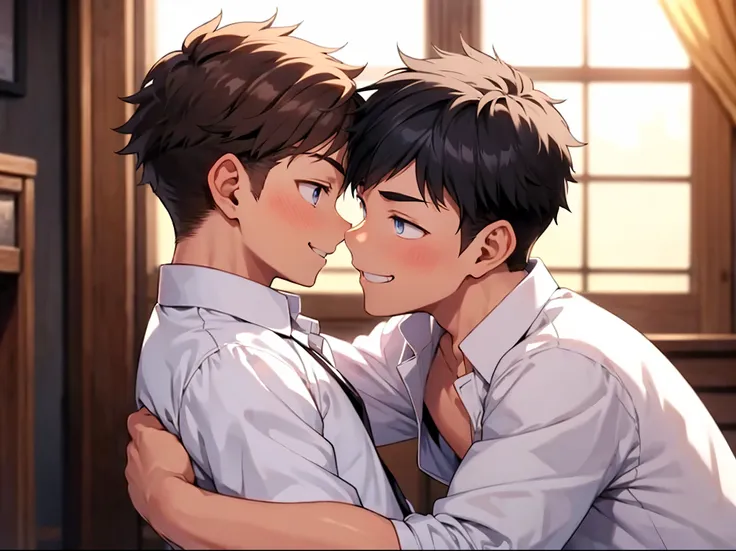 2 boy,hug,(eye contact),smile,(white open collar shirt),from front,(detailed eyes),detailed skin,masterpiece,best quality,top qu...