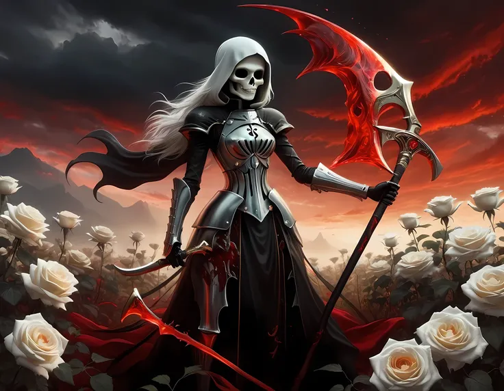 dark fantasy art, a female skeletal grim reaper in a field of white roses, the reaper has (skeletal head: 1.3) , long (white: 1.2) hair , red glowing eyes, she wears black robes, and black armor dress, ArmoredDress, flowing robes, she holds a scythe, in he...