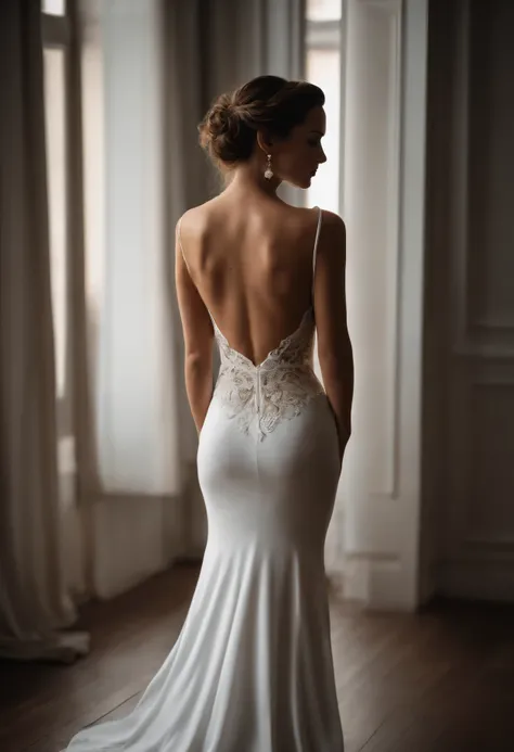 30 year old woman standing in a white backless dress.., foto de cuerpo completo, back to camera , (cabello medianamente largo, color rubio ceniza) sin tatuaje, (cuerpo: 0.7) , (interior of a room), European 33 years old