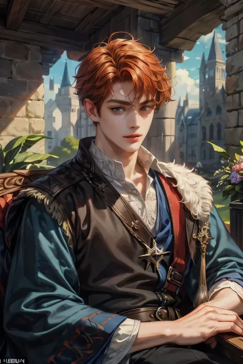 masterpiece:1.8, handsome teen boy, auburn hair, redhead, medieval, black eyes, dark eyes, perfect face:1.1, Looking at Viewer, fantasy, Middle Ages, messy hair