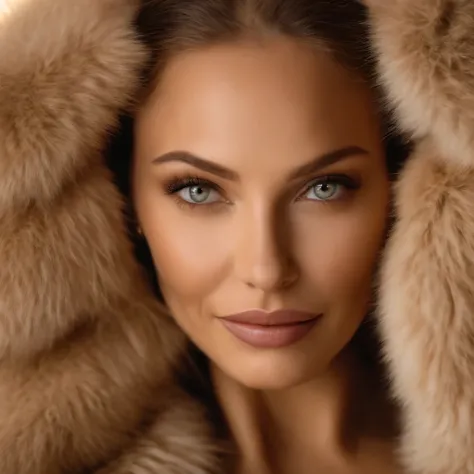 35 ans,(Une MILF:1.2), visage rond, un regard captivant, yeux verts, cheveux blonds,A very wide and very thick, very short sand mink fur coat, fifty centimeters thick, duveteux, naturel, with an ultra thick white and sand mink fur collar, three layers, sou...