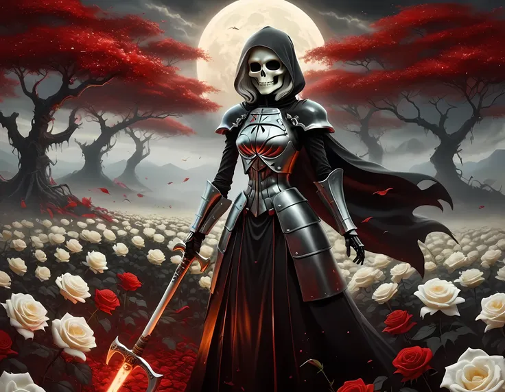 dark fantasy art, a female skeletal grim reaper in a field of white roses, the reaper has (skeletal head: 1.3) , long (white: 1....