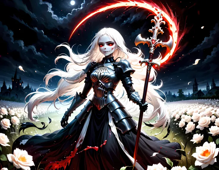 dark fantasy art, a female skeletal grim reaper in a field of white roses, the reaper has (skeletal head: 1.3) , long (white: 1....