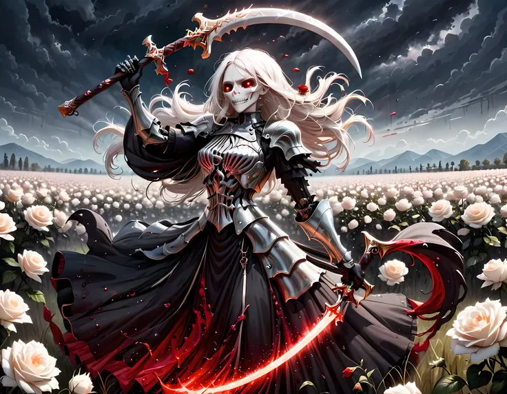 dark fantasy art, a female skeletal grim reaper in a field of white roses, the reaper has (skeletal head: 1.3) , long (white: 1....