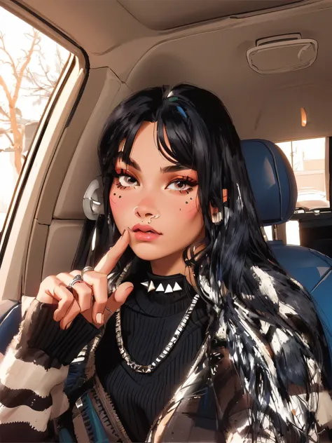 araffed native/mexican woman in a car with a black and white striped sweater, septum piercing, nose piercing, nose ring, 18 years old, with long hair and piercing eyes, half asian, wearing a native american choker, wearing spikes and piercings, small lips,...