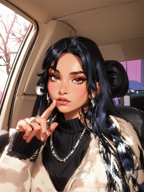 araffed native/mexican woman in a car with a black and white striped sweater, septum piercing, nose piercing, nose ring, 18 years old, with long hair and piercing eyes, half asian, wearing a native american choker, wearing spikes and piercings, small lips,...