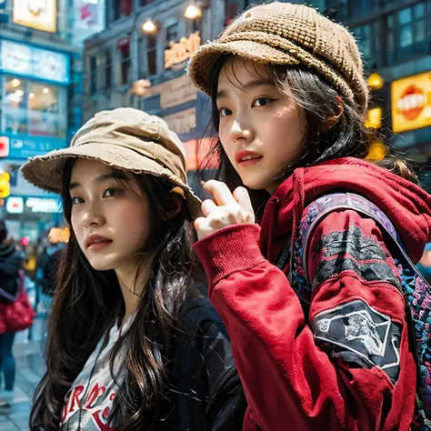 identical twin sisters wearing black apollo caps。the bund in shanghai is in the background。shallow depth of field、background is ...