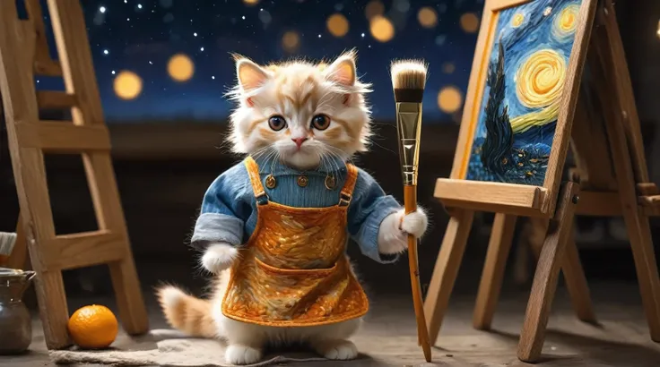 A mini angora kitten with orange fur, doing a beautiful cosplay of the painter Vincent Van Gogh wearing a painting apron holding a brush, painting easel and canvas Starry Night, Isometric, Cinematic, Hyperrealistic, Backlit, Extremely Low Angle, Highly Det...