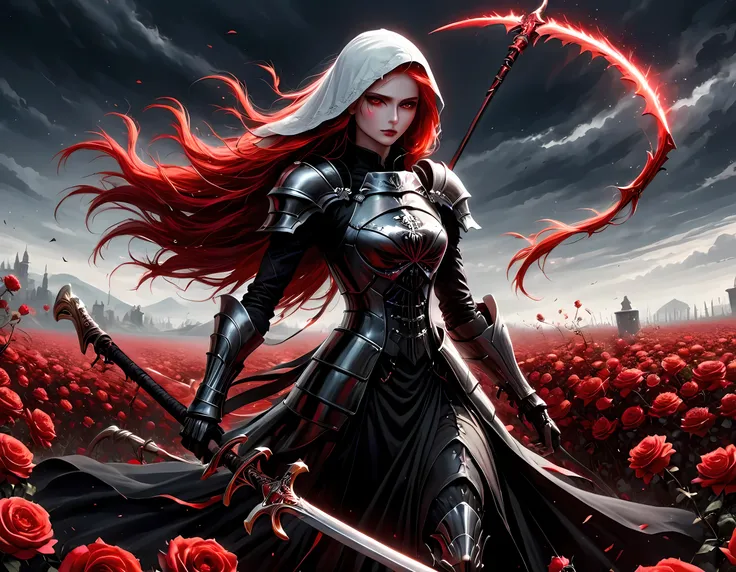 dark fantasy art, a female skeletal grim reaper in a field of white roses, the reaper has (skeletal head: 1.3) , long (red: 1.2)...